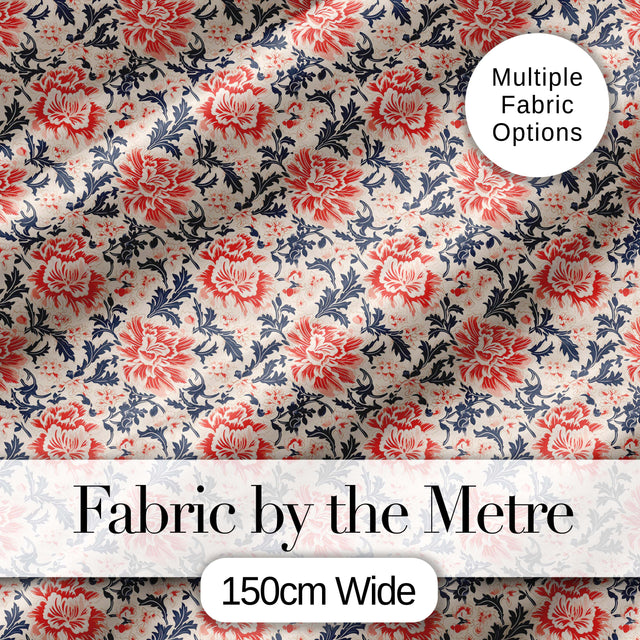 Classic Red Floral Botanical Navy Blue Leaves on Beige Background Vintage Style Digital Print Fabric by the Metre UK Sewing Quilting Textile