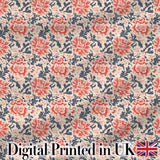 Classic Red Floral Botanical Navy Blue Leaves on Beige Background Vintage Style Digital Print Fabric by the Metre UK Sewing Quilting Textile