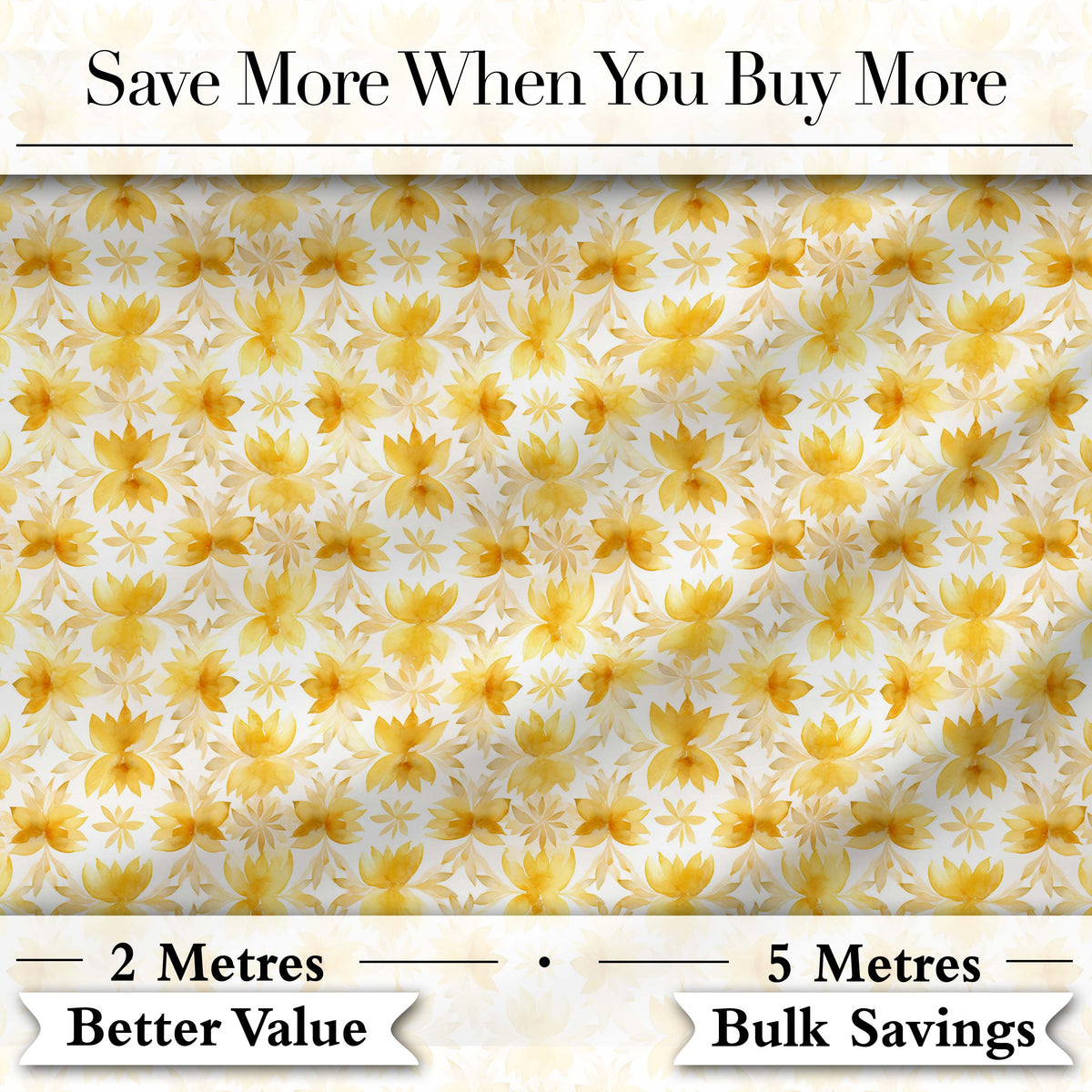 Soft Watercolour Yellow Floral Repeat Pattern on Light Cream Background Digital Print Fabric by the Metre UK Sewing Quilting Textile