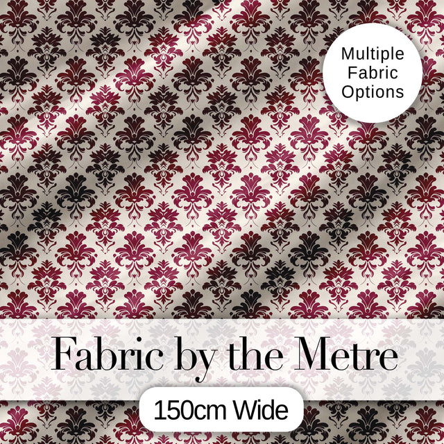 Classic Burgundy Damask Repeat  Cream Background Traditional Ornamental Style Digital Print Fabric by the Metre UK Sewing Quilting Textile