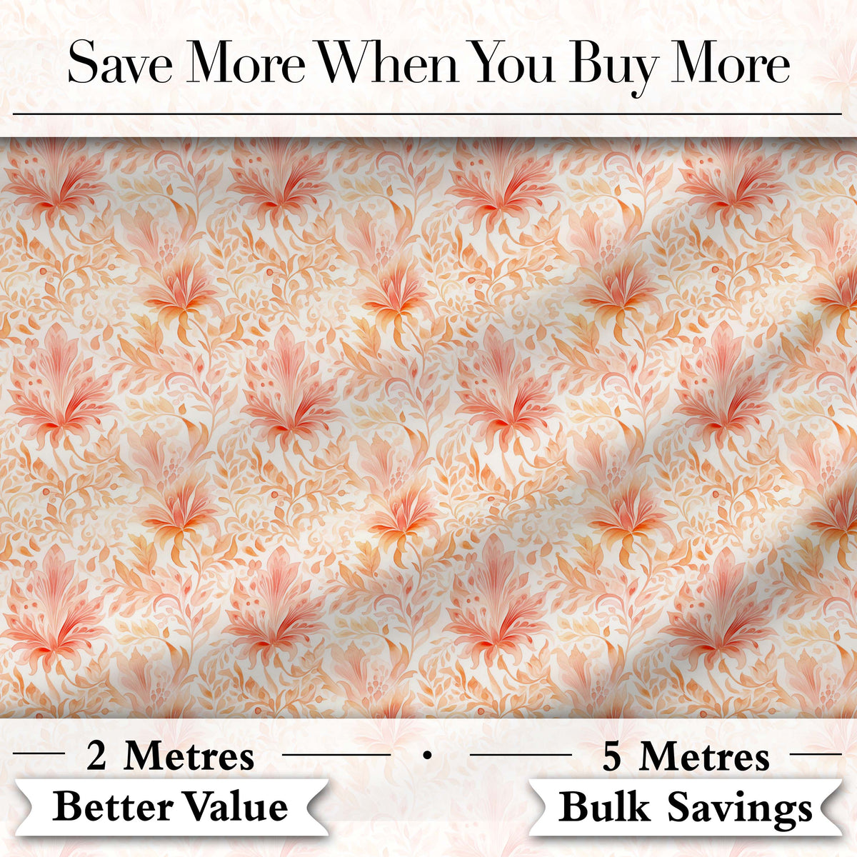 Elegant Floral Botanical  with Soft Peach Blossoms and Delicate Leaves  Design Digital Print Fabric by the Metre UK Sewing Quilting Textile