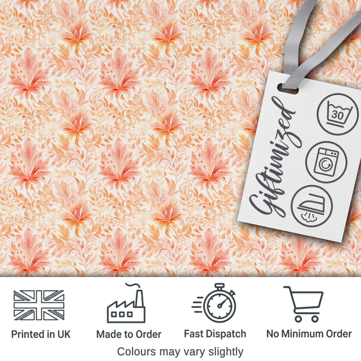 Elegant Floral Botanical  with Soft Peach Blossoms and Delicate Leaves  Design Digital Print Fabric by the Metre UK Sewing Quilting Textile