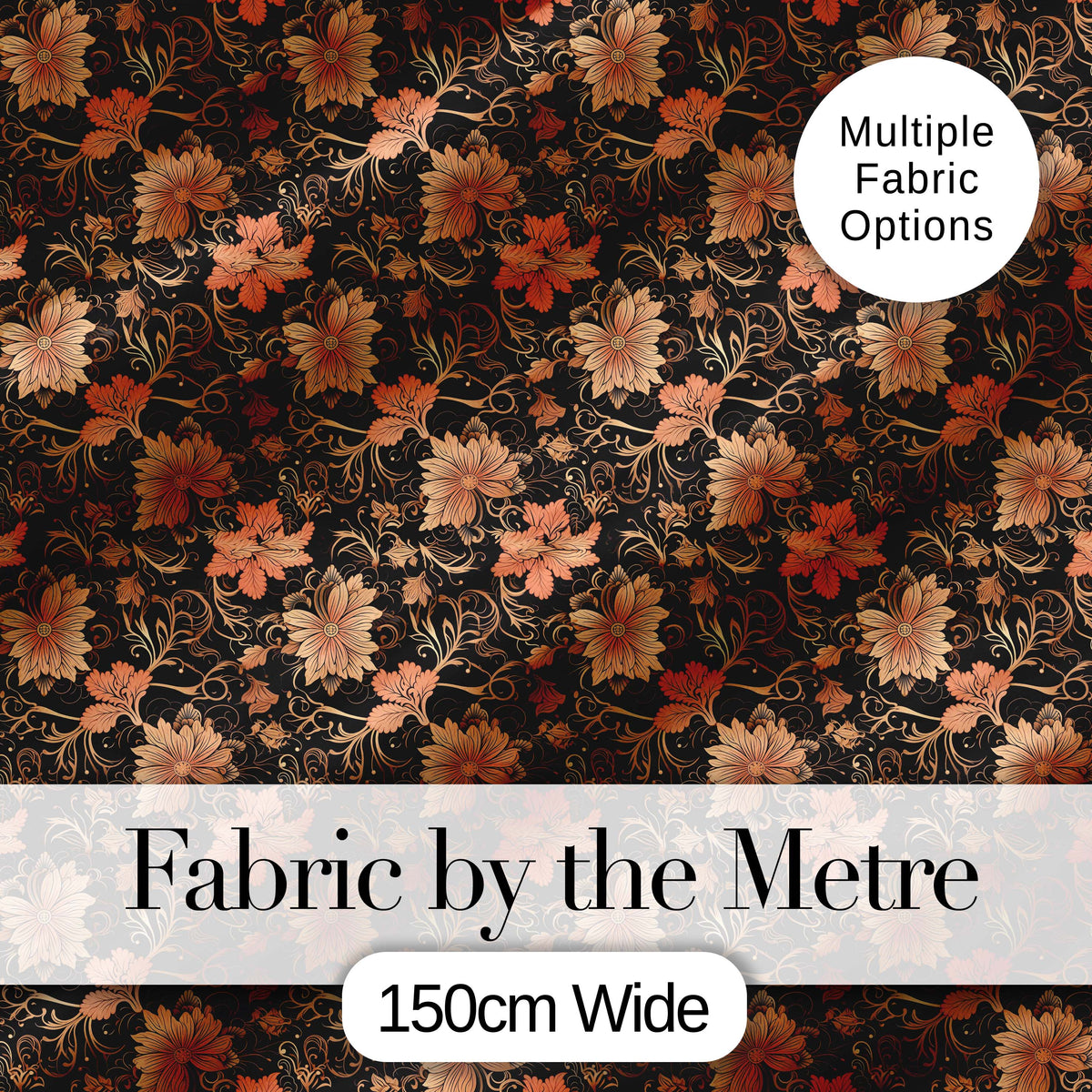 Vintage Floral Vine  in Warm Peach and Black Elegant Botanical  Design Digital Print Fabric by the Metre UK Sewing Quilting Textile