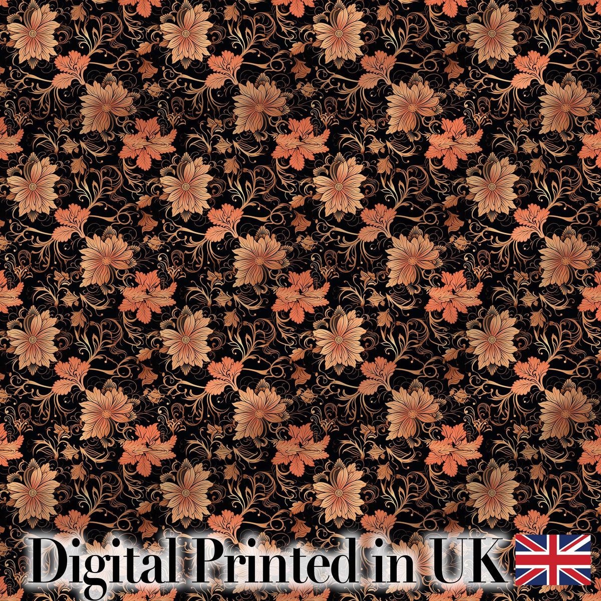 Vintage Floral Vine  in Warm Peach and Black Elegant Botanical  Design Digital Print Fabric by the Metre UK Sewing Quilting Textile