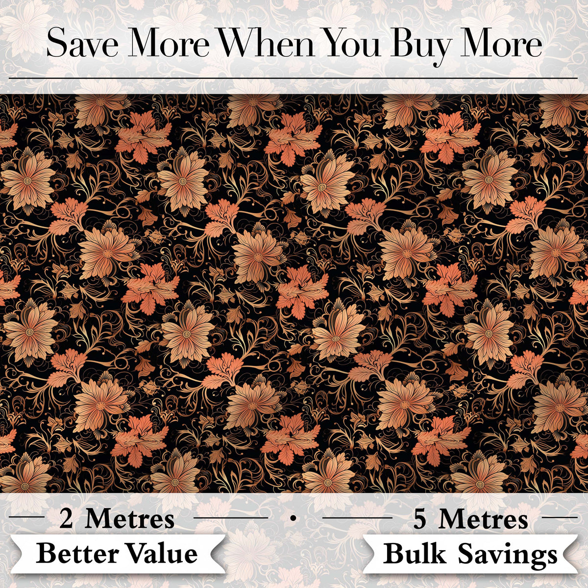 Vintage Floral Vine  in Warm Peach and Black Elegant Botanical  Design Digital Print Fabric by the Metre UK Sewing Quilting Textile