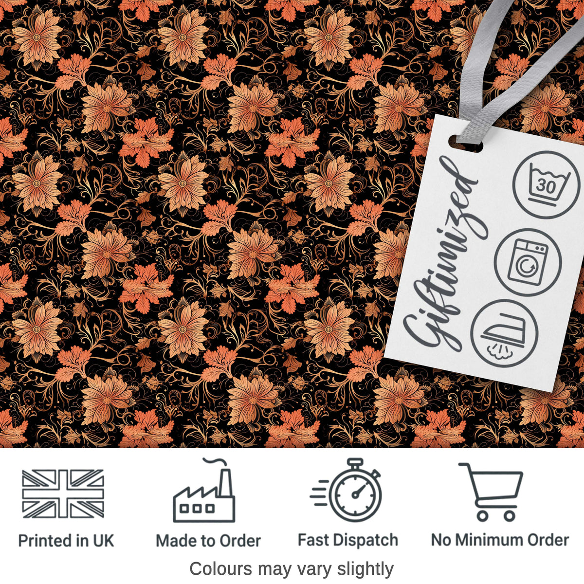 Vintage Floral Vine  in Warm Peach and Black Elegant Botanical  Design Digital Print Fabric by the Metre UK Sewing Quilting Textile