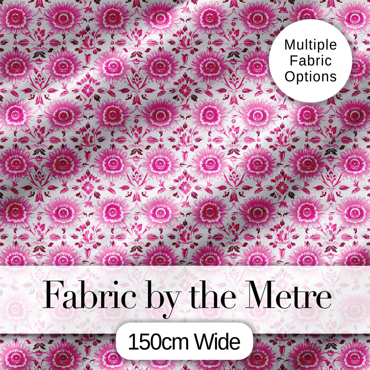 Bright Pink Floral Folk Art Pattern with Decorative Blossoms Seamless Design Digital Print Fabric by the Metre UK Sewing Quilting Textile