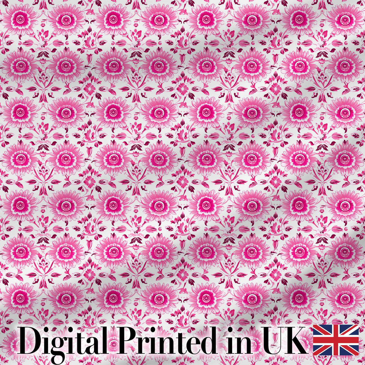 Bright Pink Floral Folk Art Pattern with Decorative Blossoms Seamless Design Digital Print Fabric by the Metre UK Sewing Quilting Textile