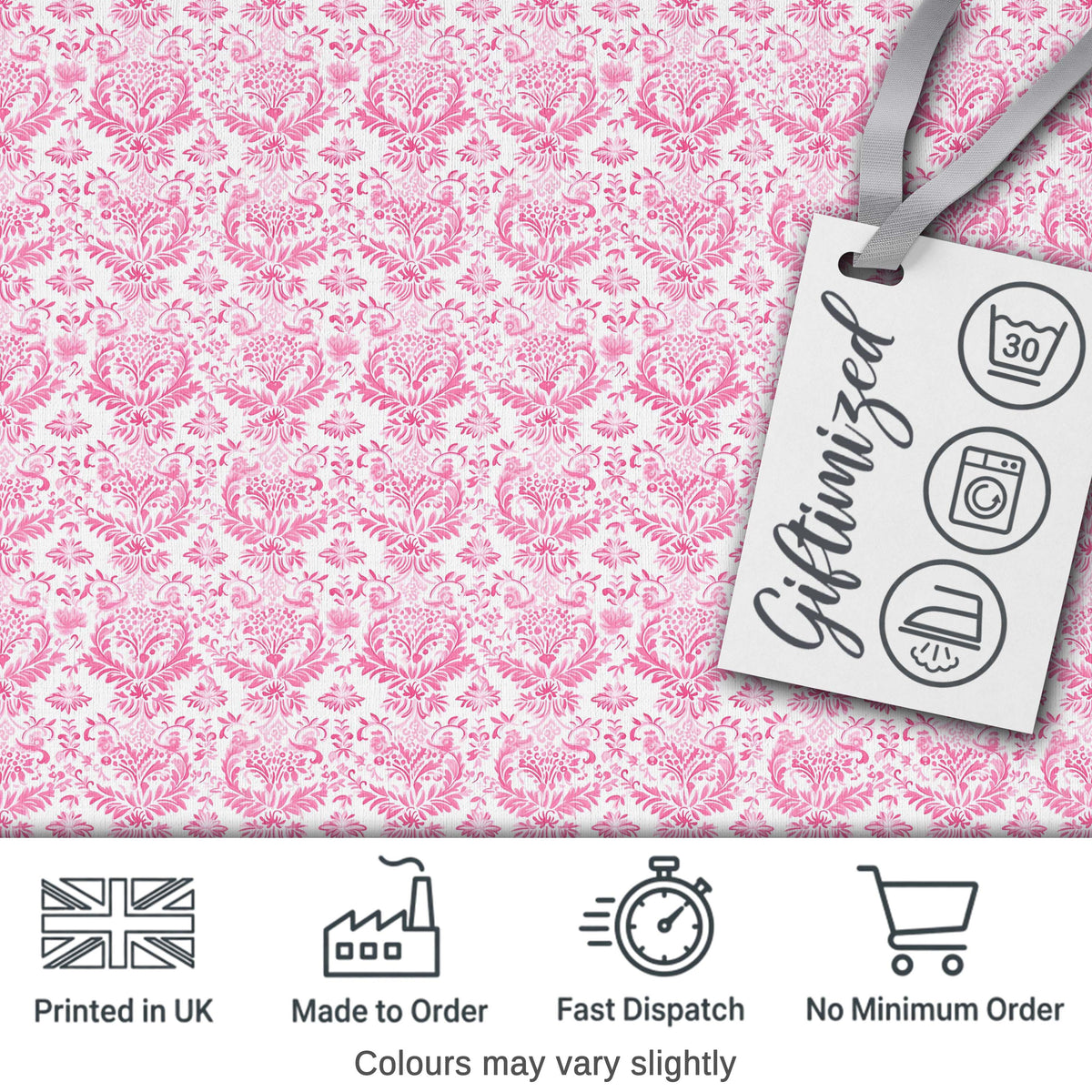 Elegant Pink Damask Floral Pattern with Ornate Vintage Motifs Seamless Design Digital Print Fabric by the Metre UK Sewing Quilting Textile