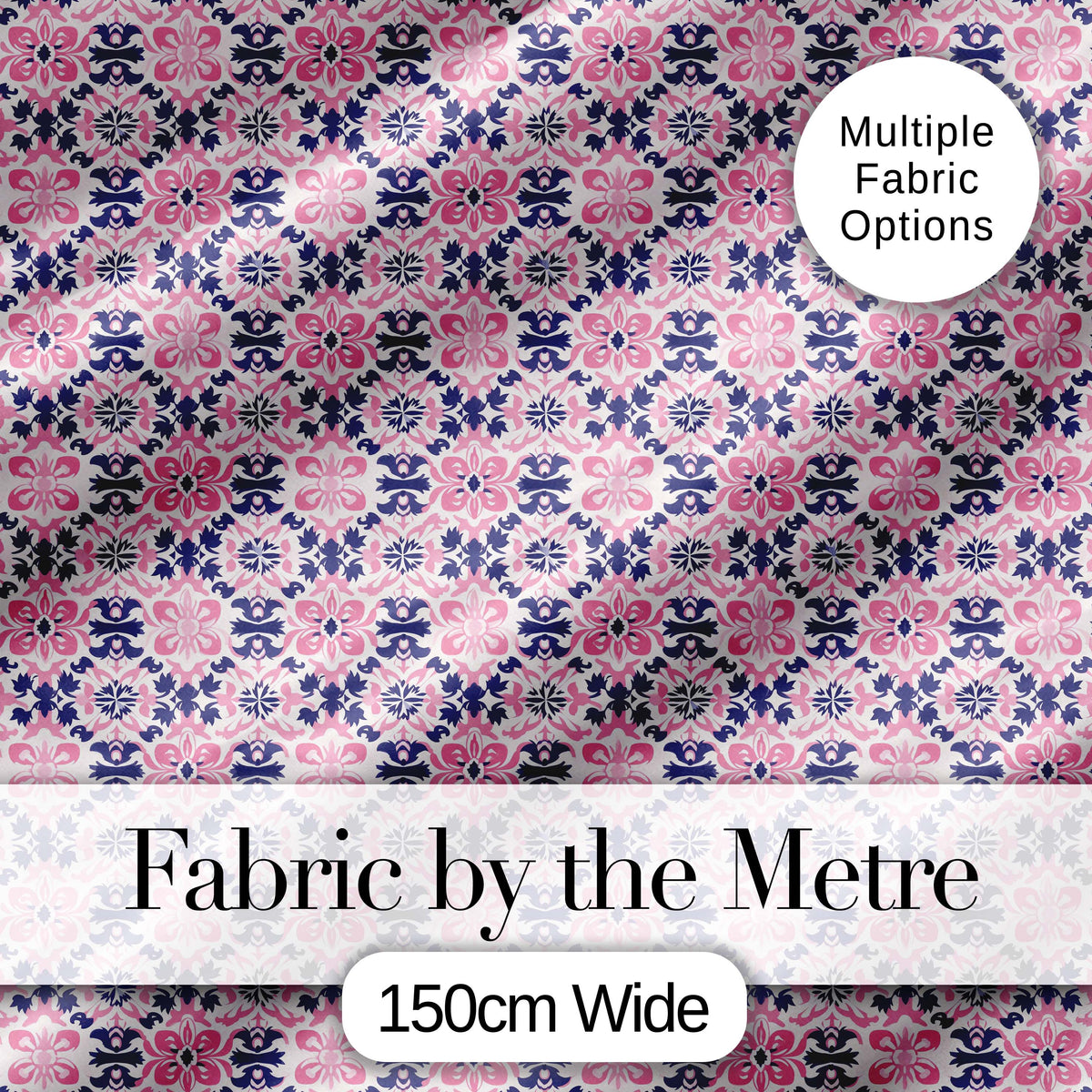 Floral Geometric  in Pink and Navy Symmetrical Design   Digital Print Fabric by the Metre UK Sewing Quilting Textile