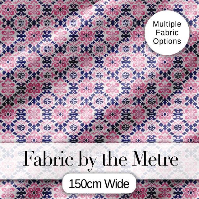 Floral Geometric  in Pink and Navy Symmetrical Design   Digital Print Fabric by the Metre UK Sewing Quilting Textile