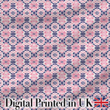 Floral Geometric  in Pink and Navy Symmetrical Design   Digital Print Fabric by the Metre UK Sewing Quilting Textile