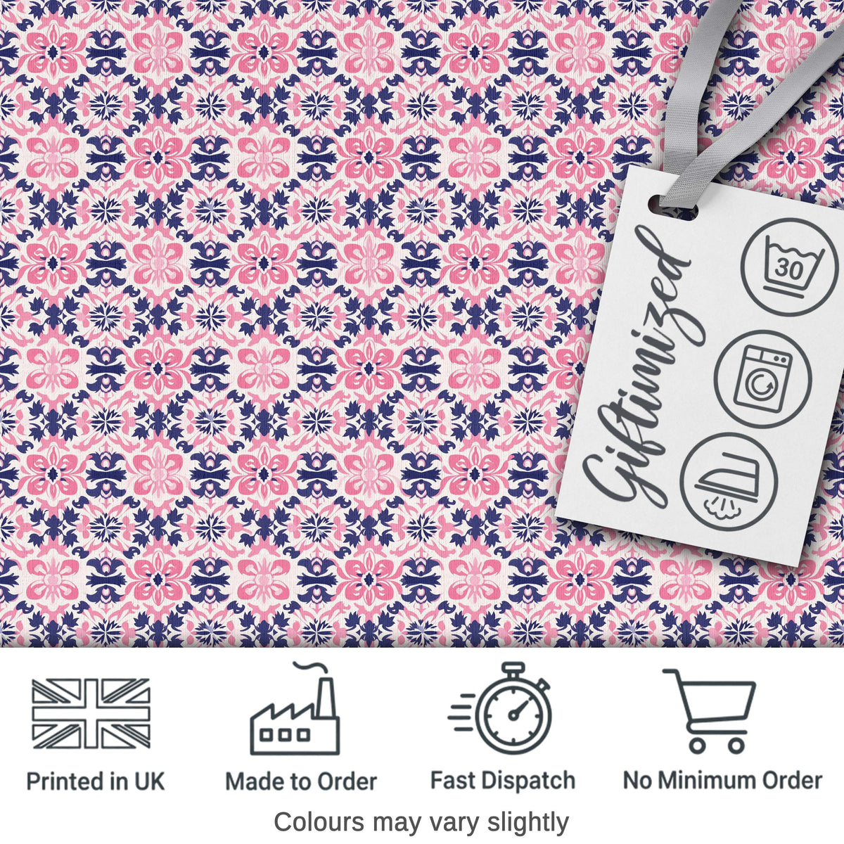 Floral Geometric  in Pink and Navy Symmetrical Design   Digital Print Fabric by the Metre UK Sewing Quilting Textile