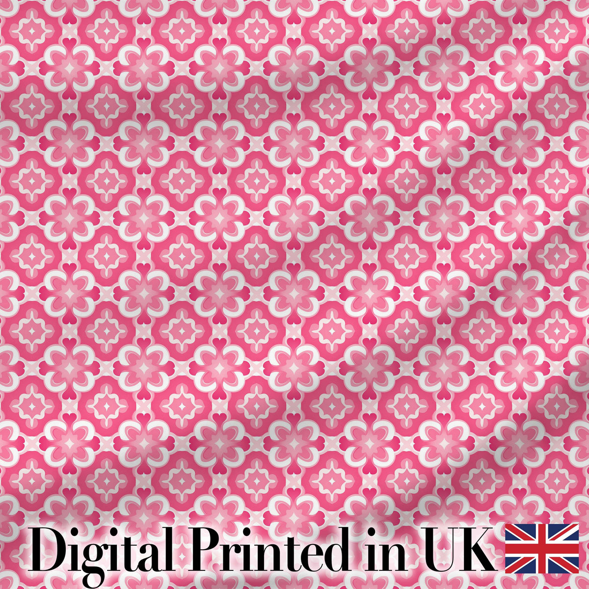 Bold Pink Geometric Tile Pattern with Floral Motifs Symmetrical Seamless Design Digital Print Fabric by the Metre UK Sewing Quilting Textile
