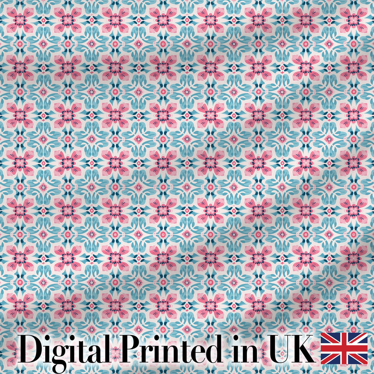 Vintage Floral Tile  in Soft Pink and Blue Symmetrical Design   Digital Print Fabric by the Metre UK Sewing Quilting Textile