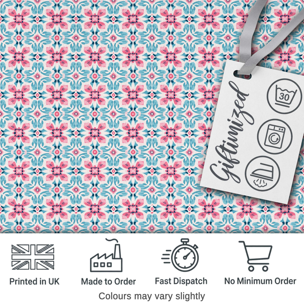 Vintage Floral Tile  in Soft Pink and Blue Symmetrical Design   Digital Print Fabric by the Metre UK Sewing Quilting Textile