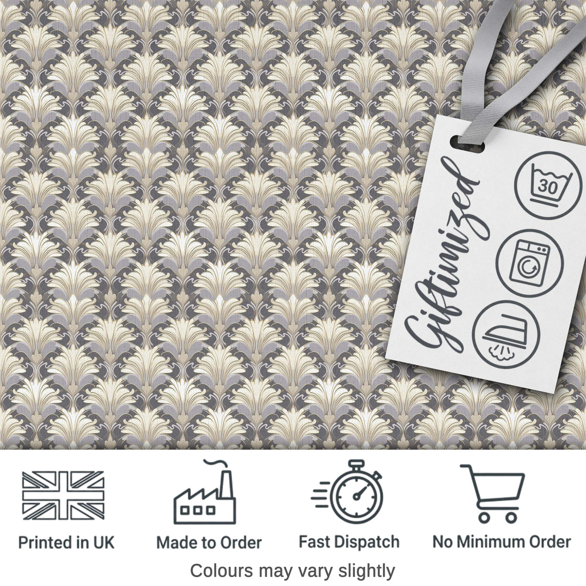 Elegant Neutral Damask Leaf  in Soft Grey and Cream Classic  Design Digital Print Fabric by the Metre UK Sewing Quilting Textile