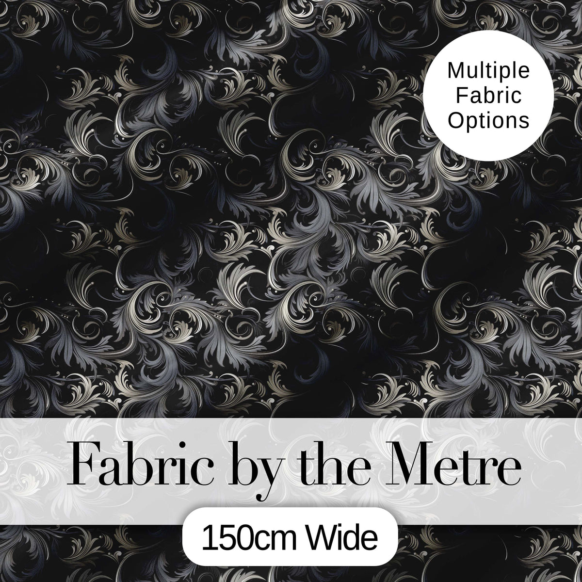 Luxury Dark Baroque Floral  in Black and Silver Ornate Swirl Design  Digital Print Fabric by the Metre UK Sewing Quilting Textile