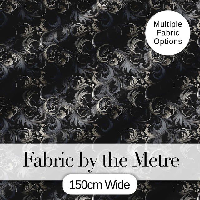 Luxury Dark Baroque Floral  in Black and Silver Ornate Swirl Design  Digital Print Fabric by the Metre UK Sewing Quilting Textile