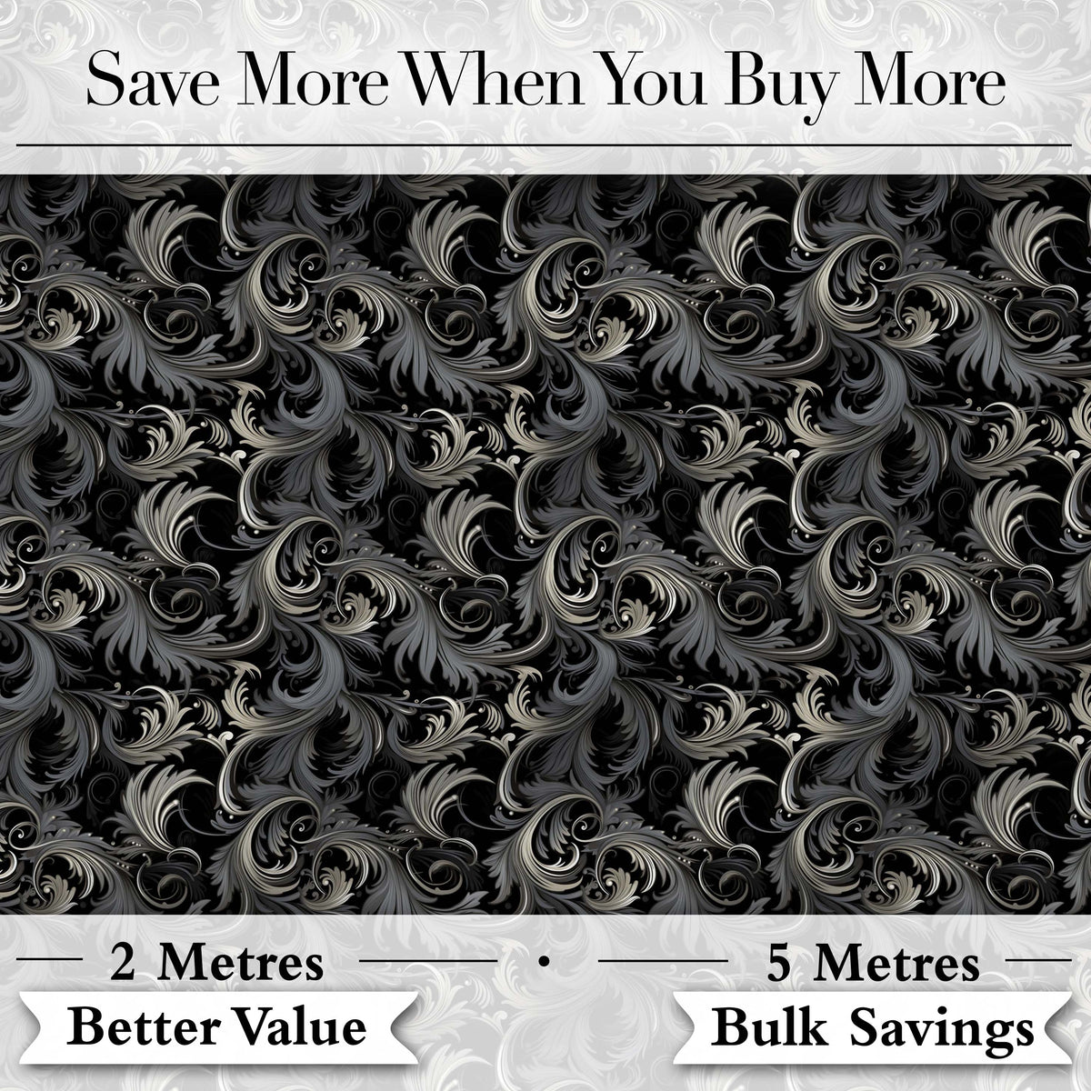 Luxury Dark Baroque Floral  in Black and Silver Ornate Swirl Design  Digital Print Fabric by the Metre UK Sewing Quilting Textile