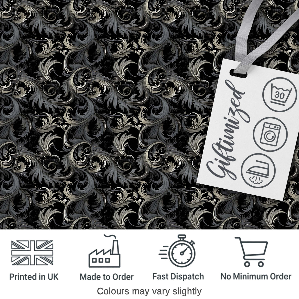Luxury Dark Baroque Floral  in Black and Silver Ornate Swirl Design  Digital Print Fabric by the Metre UK Sewing Quilting Textile