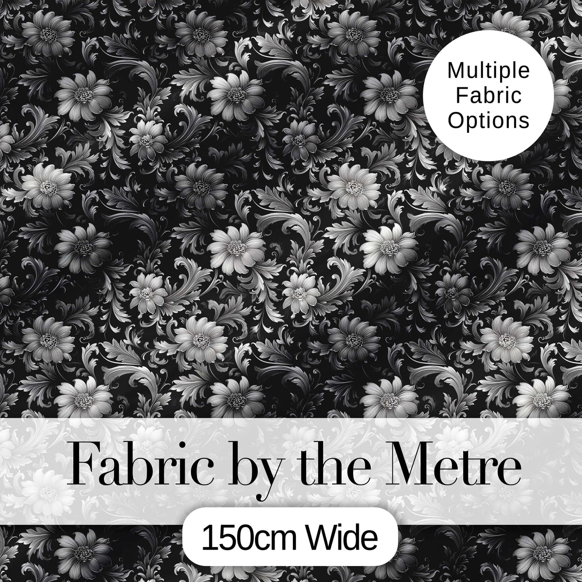 Vintage Black and White Floral  with Ornate Botanical Details  Design Digital Print Fabric by the Metre UK Sewing Quilting Textile