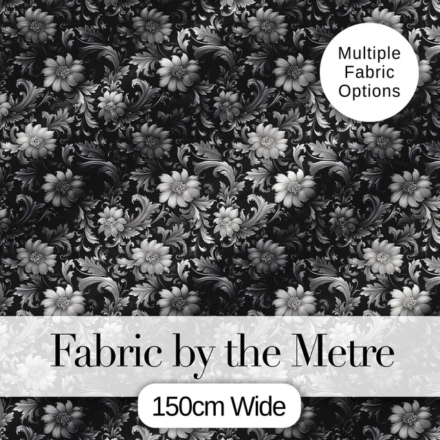 Vintage Black and White Floral  with Ornate Botanical Details  Design Digital Print Fabric by the Metre UK Sewing Quilting Textile