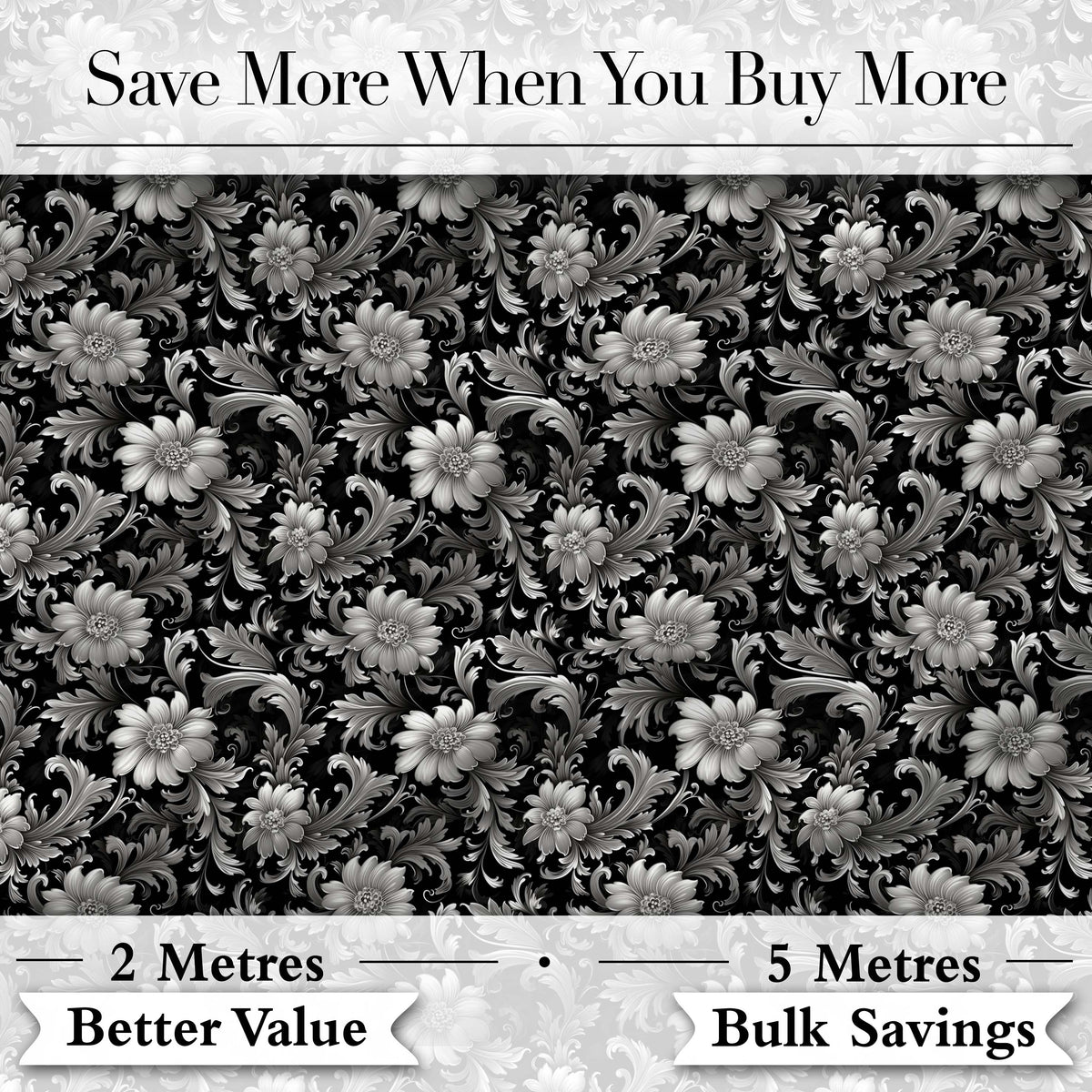 Vintage Black and White Floral  with Ornate Botanical Details  Design Digital Print Fabric by the Metre UK Sewing Quilting Textile