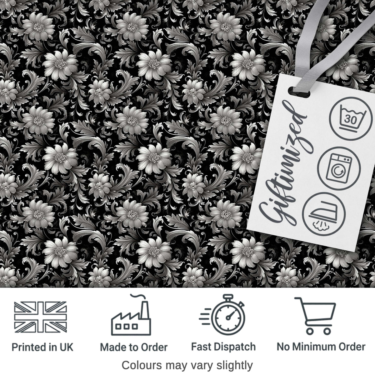 Vintage Black and White Floral  with Ornate Botanical Details  Design Digital Print Fabric by the Metre UK Sewing Quilting Textile