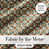 Vintage Teal and Brown Floral Tile Pattern with Ornate Geometric Design Digital Print Fabric by the Metre UK Sewing Quilting Textile