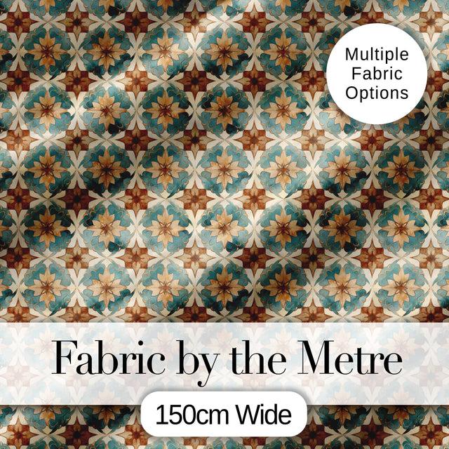 Vintage Teal and Brown Floral Tile Pattern with Ornate Geometric Design Digital Print Fabric by the Metre UK Sewing Quilting Textile