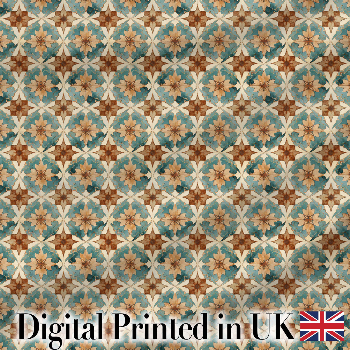 Vintage Teal and Brown Floral Tile Pattern with Ornate Geometric Design Digital Print Fabric by the Metre UK Sewing Quilting Textile