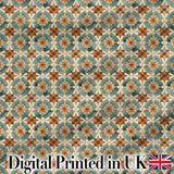 Vintage Teal and Brown Floral Tile Pattern with Ornate Geometric Design Digital Print Fabric by the Metre UK Sewing Quilting Textile