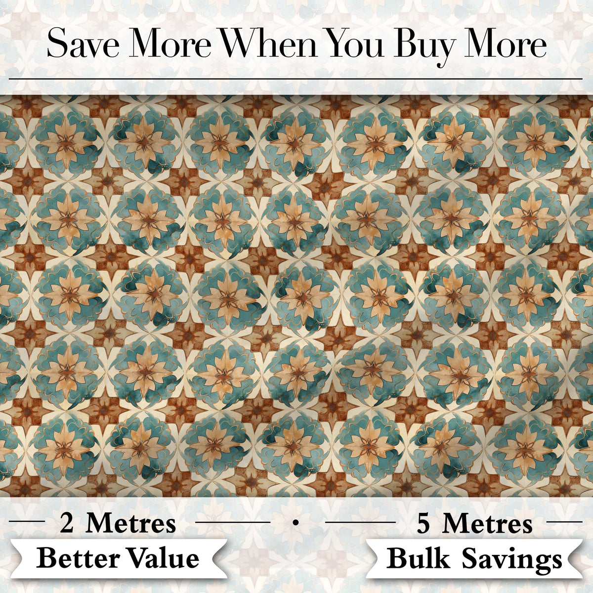 Vintage Teal and Brown Floral Tile Pattern with Ornate Geometric Design Digital Print Fabric by the Metre UK Sewing Quilting Textile