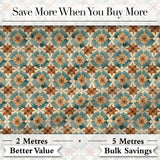 Vintage Teal and Brown Floral Tile Pattern with Ornate Geometric Design Digital Print Fabric by the Metre UK Sewing Quilting Textile