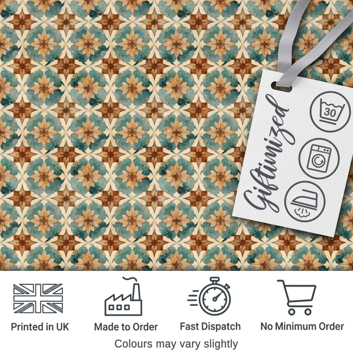 Vintage Teal and Brown Floral Tile Pattern with Ornate Geometric Design Digital Print Fabric by the Metre UK Sewing Quilting Textile