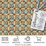 Vintage Teal and Brown Floral Tile Pattern with Ornate Geometric Design Digital Print Fabric by the Metre UK Sewing Quilting Textile