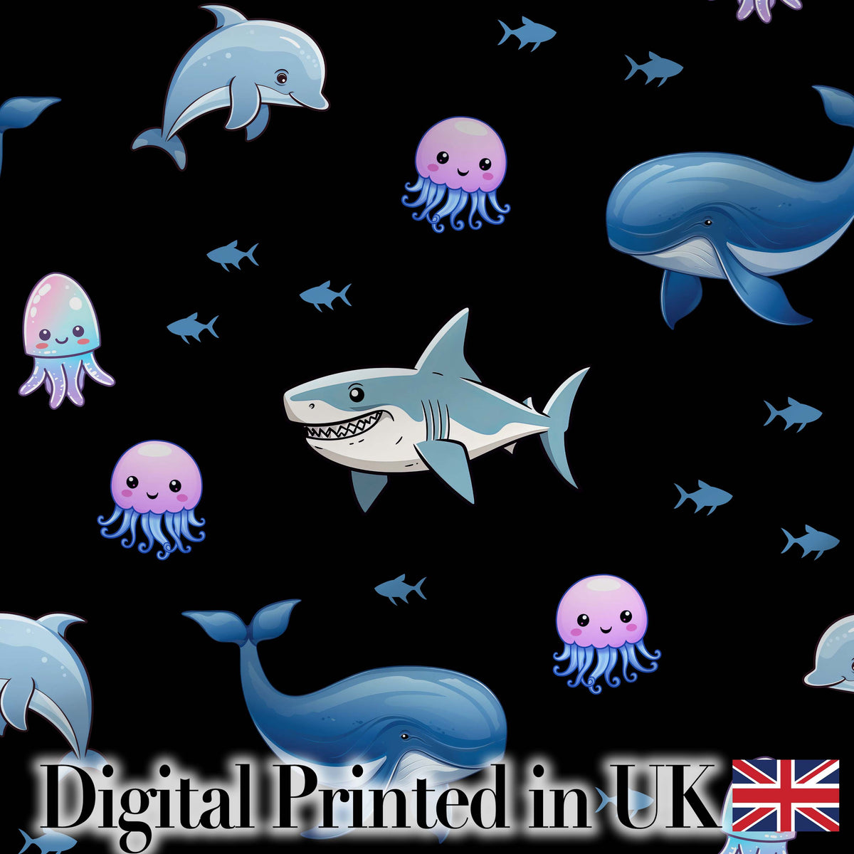 Cute Dolphin Shark and Jellyfish Ocean Animals Black Background Seamless  Digital Print Fabric by the Metre UK Sewing Quilting Textile