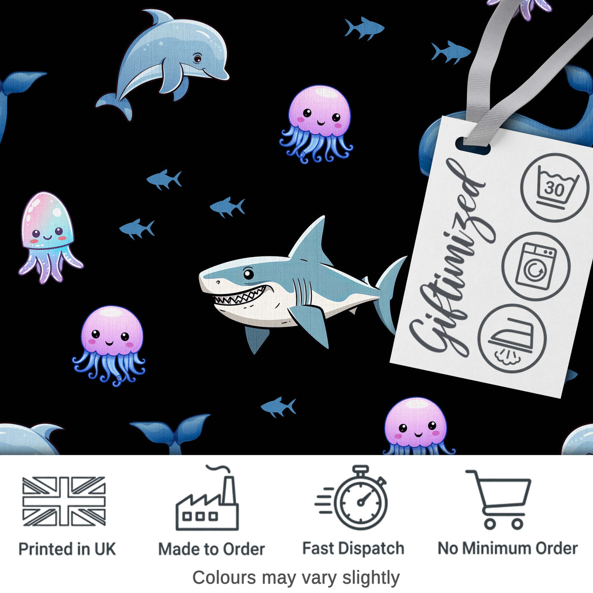 Cute Dolphin Shark and Jellyfish Ocean Animals Black Background Seamless  Digital Print Fabric by the Metre UK Sewing Quilting Textile
