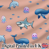Cute Dolphin Shark and Jellyfish Ocean Animals Peach Background Seamless  Digital Print Fabric by the Metre UK Sewing Quilting Textile