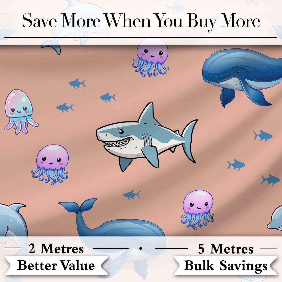 Cute Dolphin Shark and Jellyfish Ocean Animals Peach Background Seamless  Digital Print Fabric by the Metre UK Sewing Quilting Textile