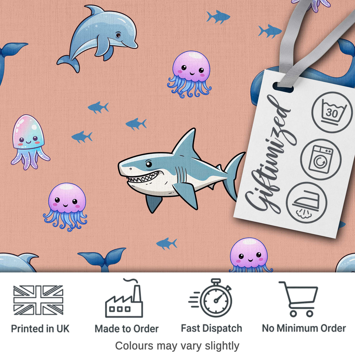 Cute Dolphin Shark and Jellyfish Ocean Animals Peach Background Seamless  Digital Print Fabric by the Metre UK Sewing Quilting Textile