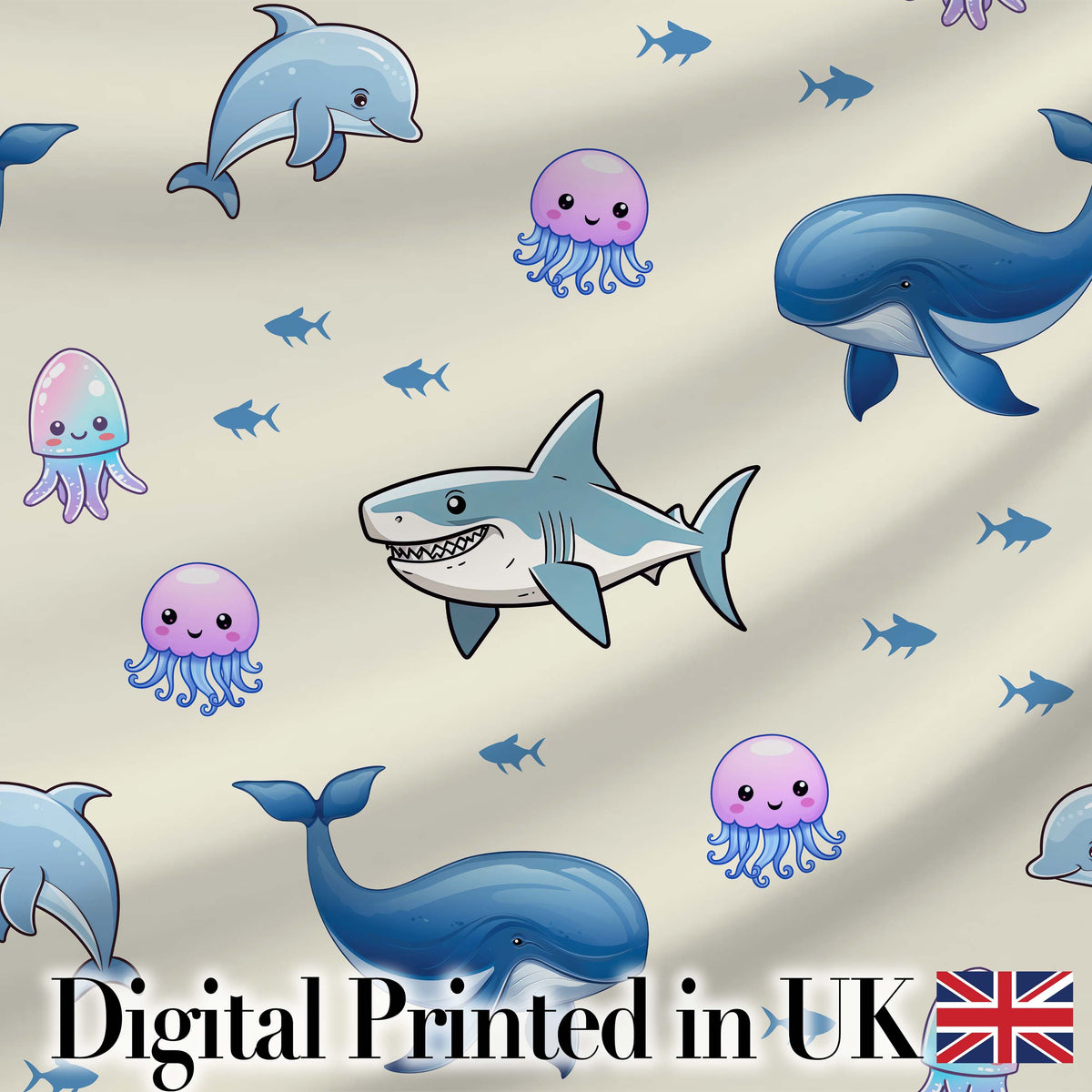Cute Dolphin Shark and Jellyfish Ocean Animals Neutral Beige Background   Digital Print Fabric by the Metre UK Sewing Quilting Textile