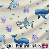 Cute Dolphin Shark and Jellyfish Ocean Animals Neutral Beige Background   Digital Print Fabric by the Metre UK Sewing Quilting Textile