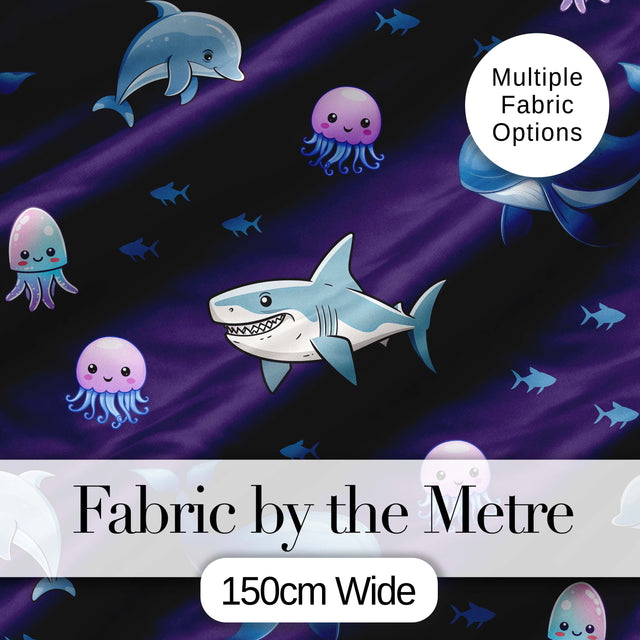 Cute Dolphin Shark and Jellyfish Ocean Animals Purple Background   Digital Print Fabric by the Metre UK Sewing Quilting Textile