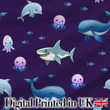 Cute Dolphin Shark and Jellyfish Ocean Animals Purple Background   Digital Print Fabric by the Metre UK Sewing Quilting Textile
