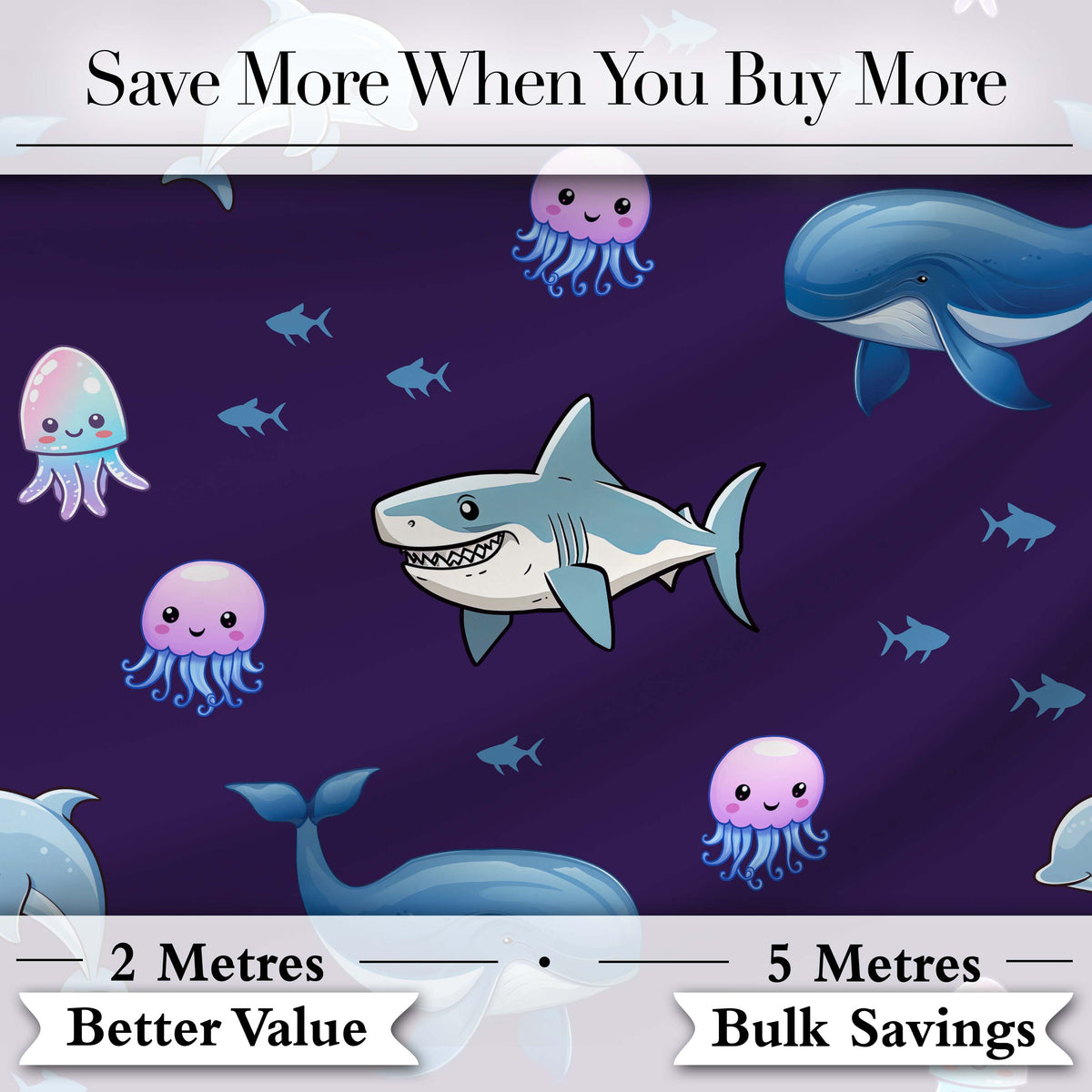 Cute Dolphin Shark and Jellyfish Ocean Animals Purple Background   Digital Print Fabric by the Metre UK Sewing Quilting Textile