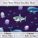 Cute Dolphin Shark and Jellyfish Ocean Animals Purple Background   Digital Print Fabric by the Metre UK Sewing Quilting Textile