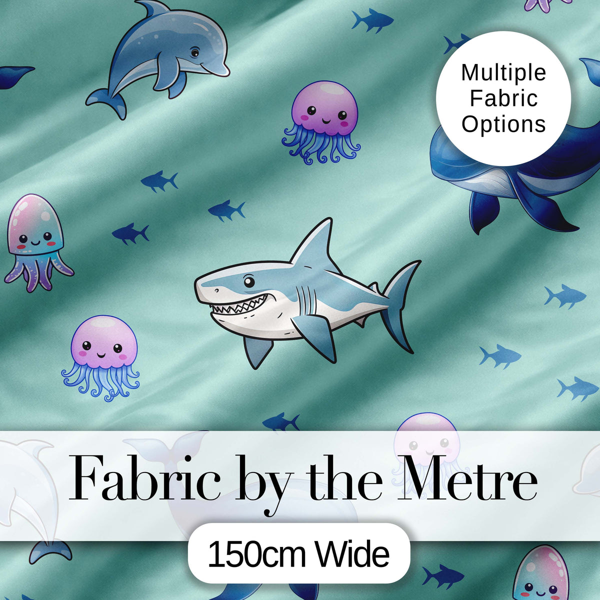 Cute Dolphin Shark and Jellyfish Ocean Animals Mint Green Background   Digital Print Fabric by the Metre UK Sewing Quilting Textile