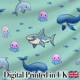 Cute Dolphin Shark and Jellyfish Ocean Animals Mint Green Background   Digital Print Fabric by the Metre UK Sewing Quilting Textile